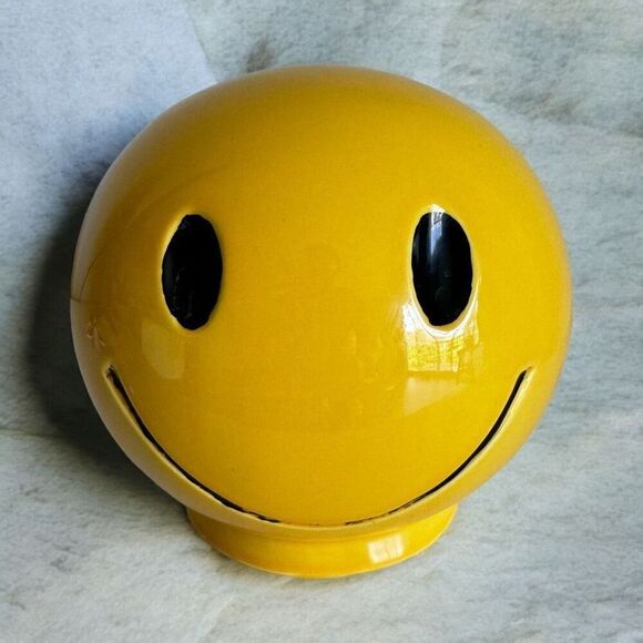 Vtg 70’s McCoy Happy Face Smiley Coin Bank Yellow Glazed Pottery - Picture 1 of 6
